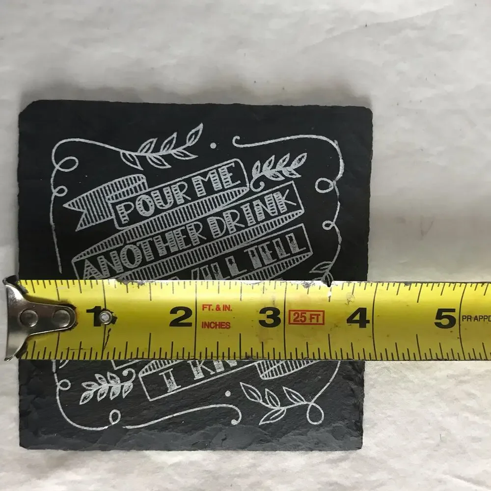 Set of 4 Black Slate Wine Barware Coasters Novelty Print Sayings With Felt Pads